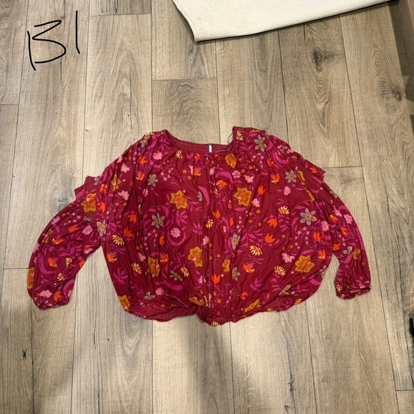 Free People Ruffled 3/4 Sleeve Blouse Floral Large - Picture 1 of 3